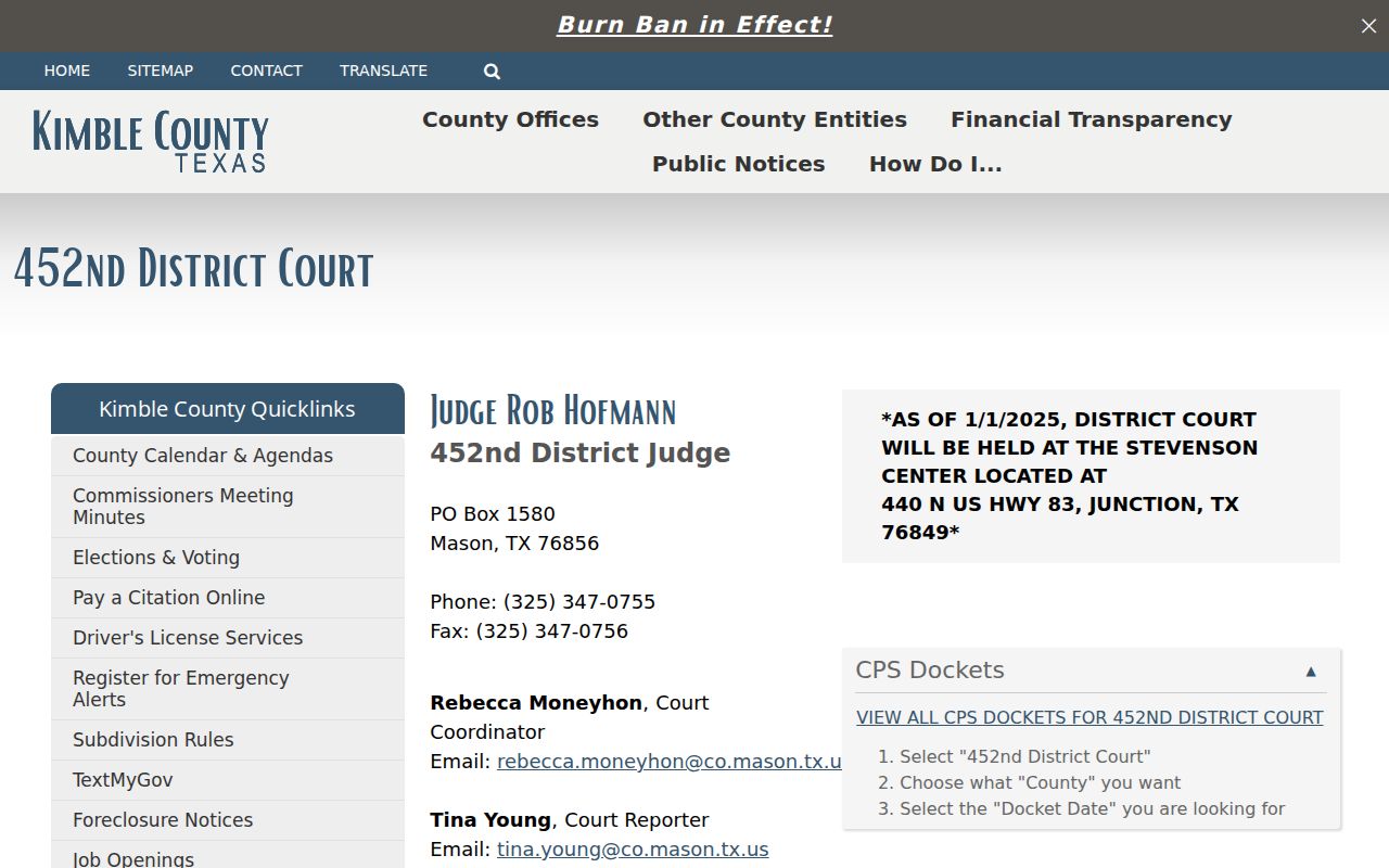 Kimble County warrant search: 452nd District Court page and public docket links