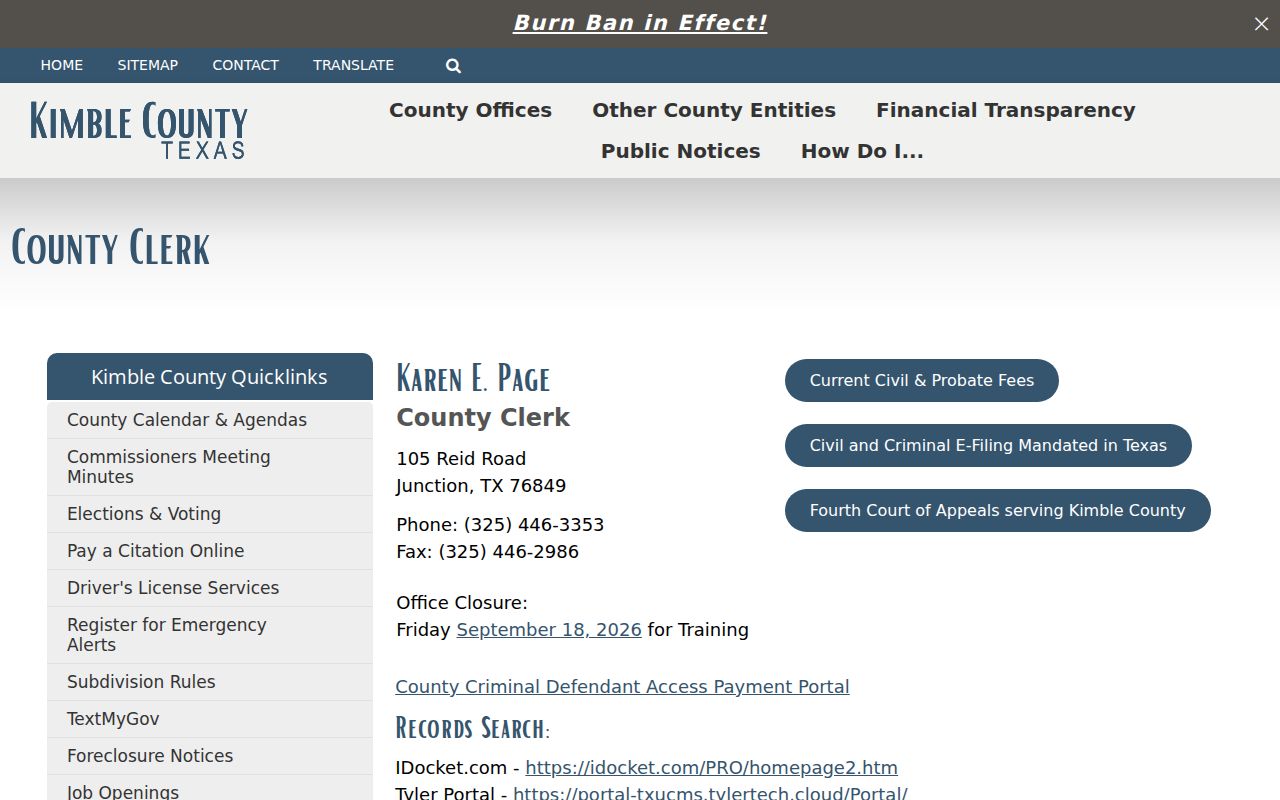 Kimble County warrant search: County Clerk page with case and payment links