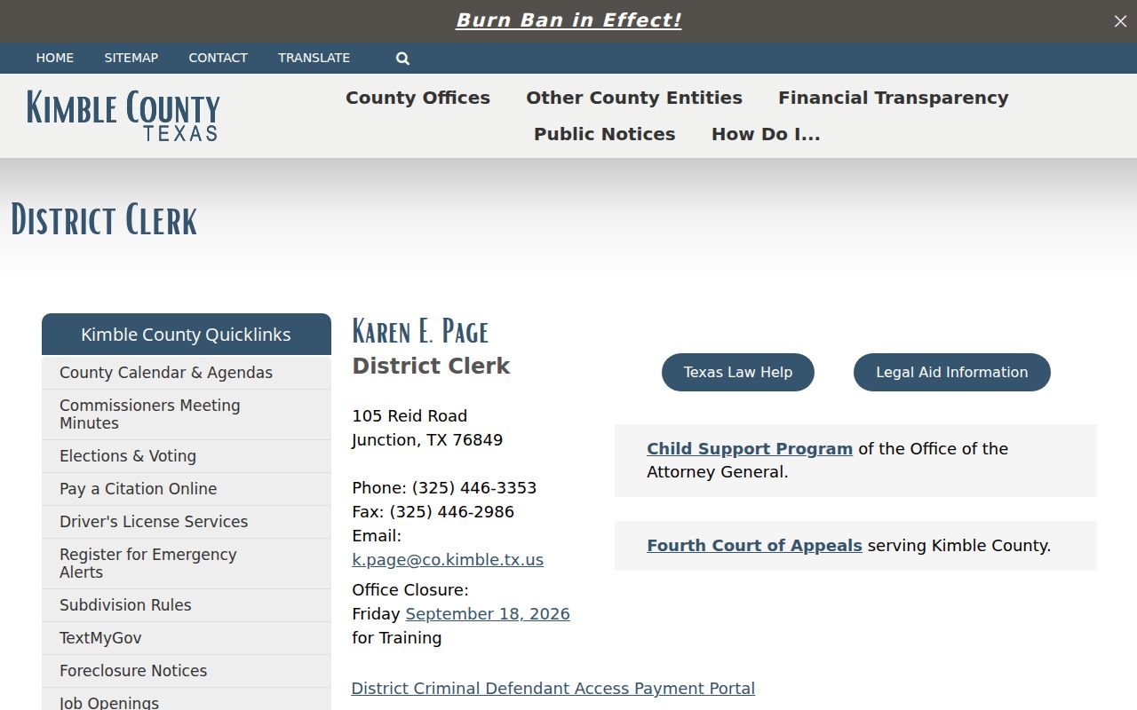 Kimble County warrant search: District Clerk page with court-record links