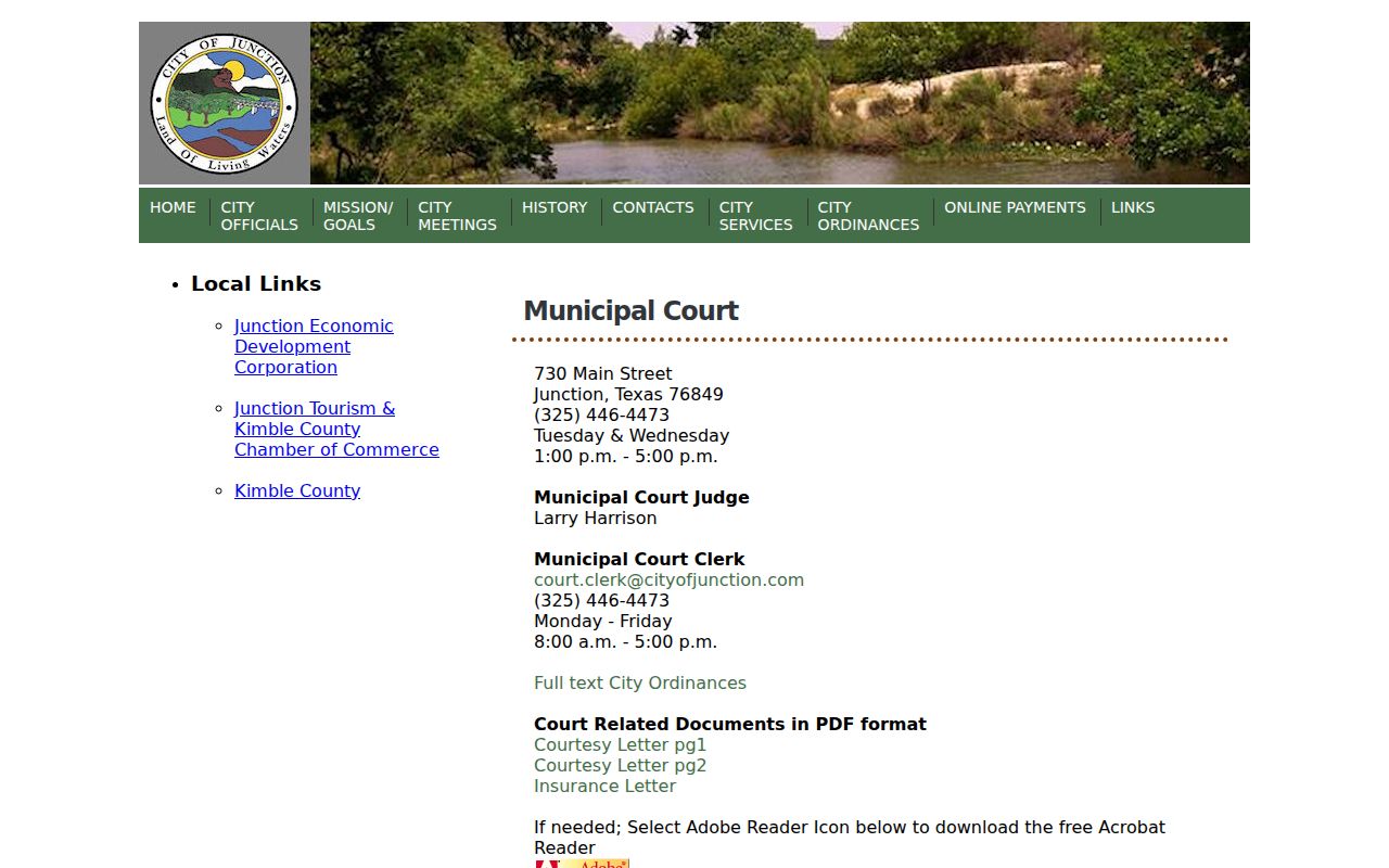 Kimble County municipal court warrant records: Junction court page with clerk, court hours, and payment instructions