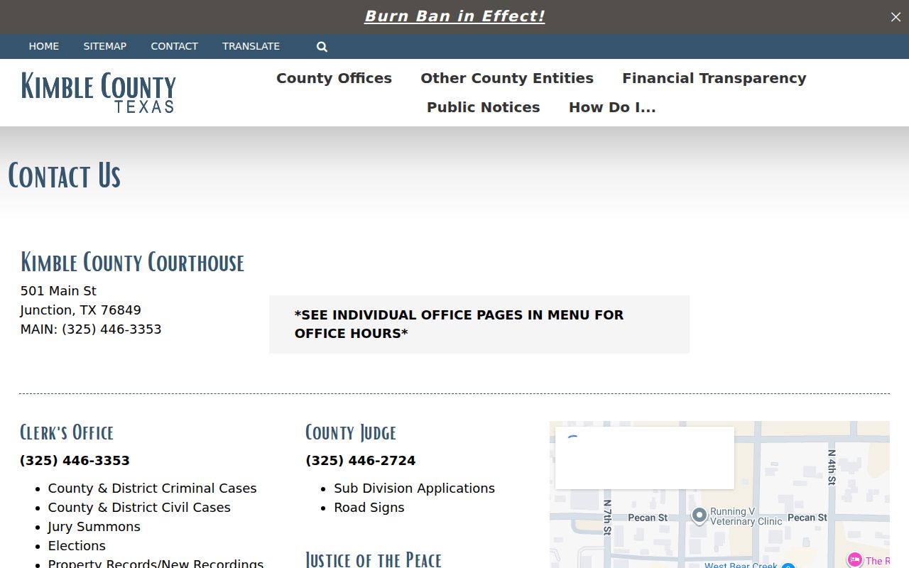 Kimble County warrant records: county contacts page routing questions to the responsible office