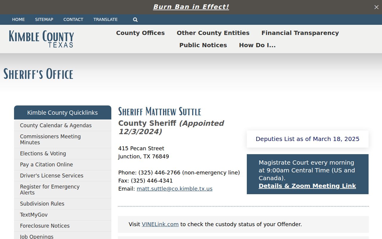Kimble County arrest warrant records: sheriff contact page, with no public warrant search